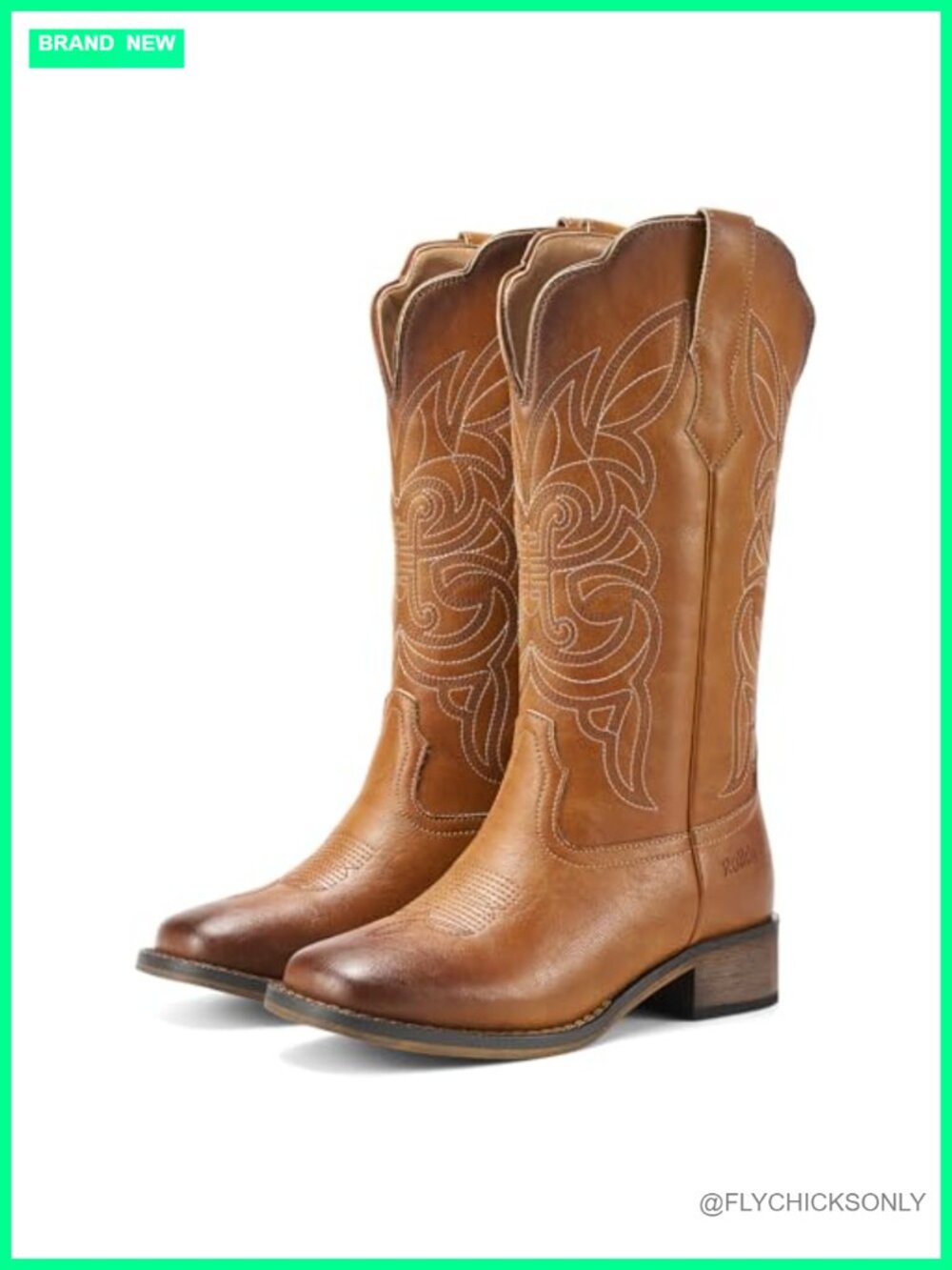 Western Cowgirl Boots Square Toe Mid Calf Faux Leather Pull On